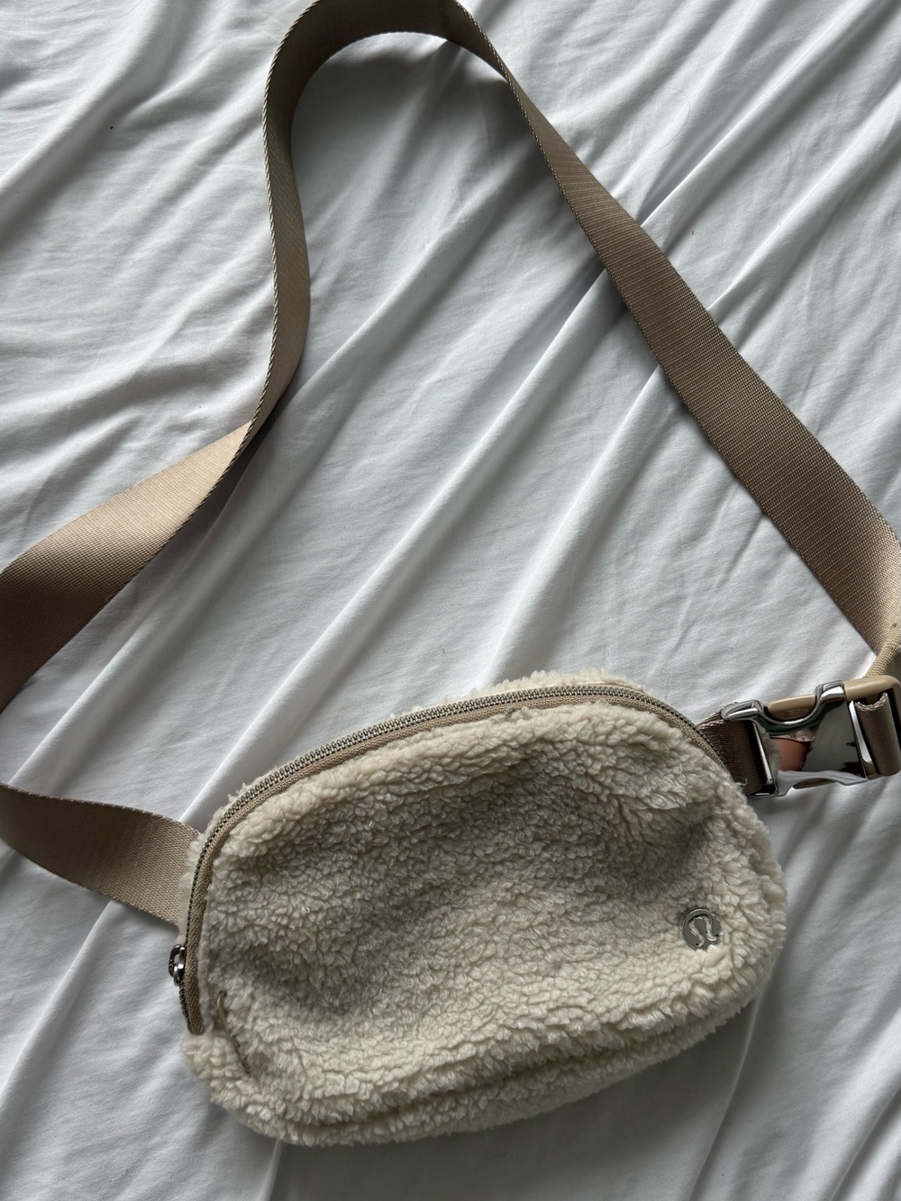lululemon athletica Cream Faux-Shearling Crossbody with Tan Strap